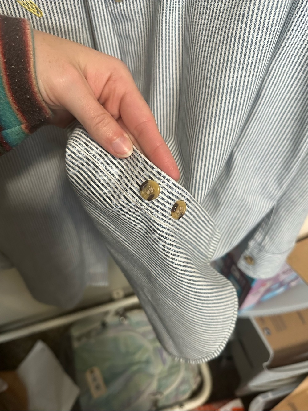 Vintage Blue and White Striped Button Down with Teacher School Themed Embroidery - Picture 5 of 9